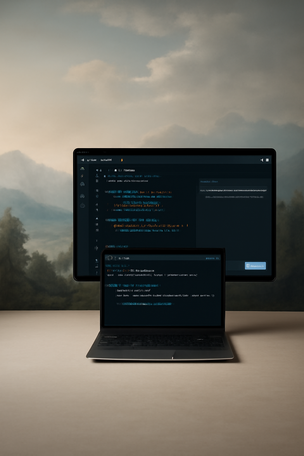 Cursor 제품 인터페이스 데모와 풍경 배경화면