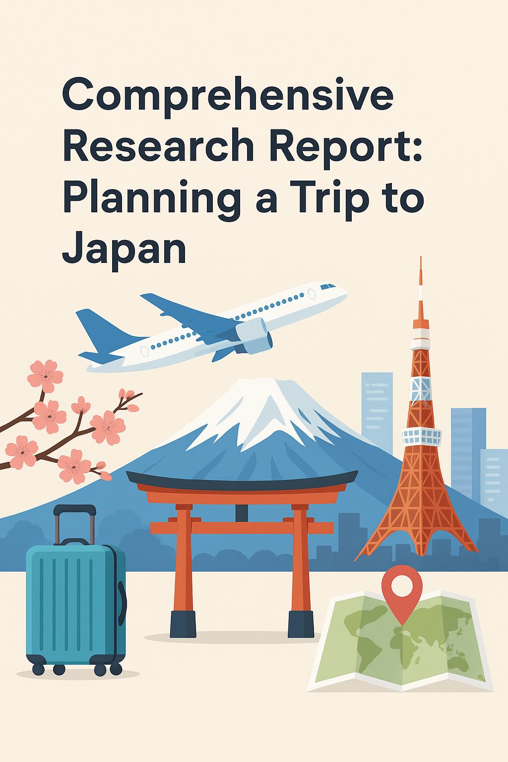 Illustration of travel to Japan including an airplane, mountain, Tokyo tower, a torii gate, cherry blossoms, suitcase, and map.