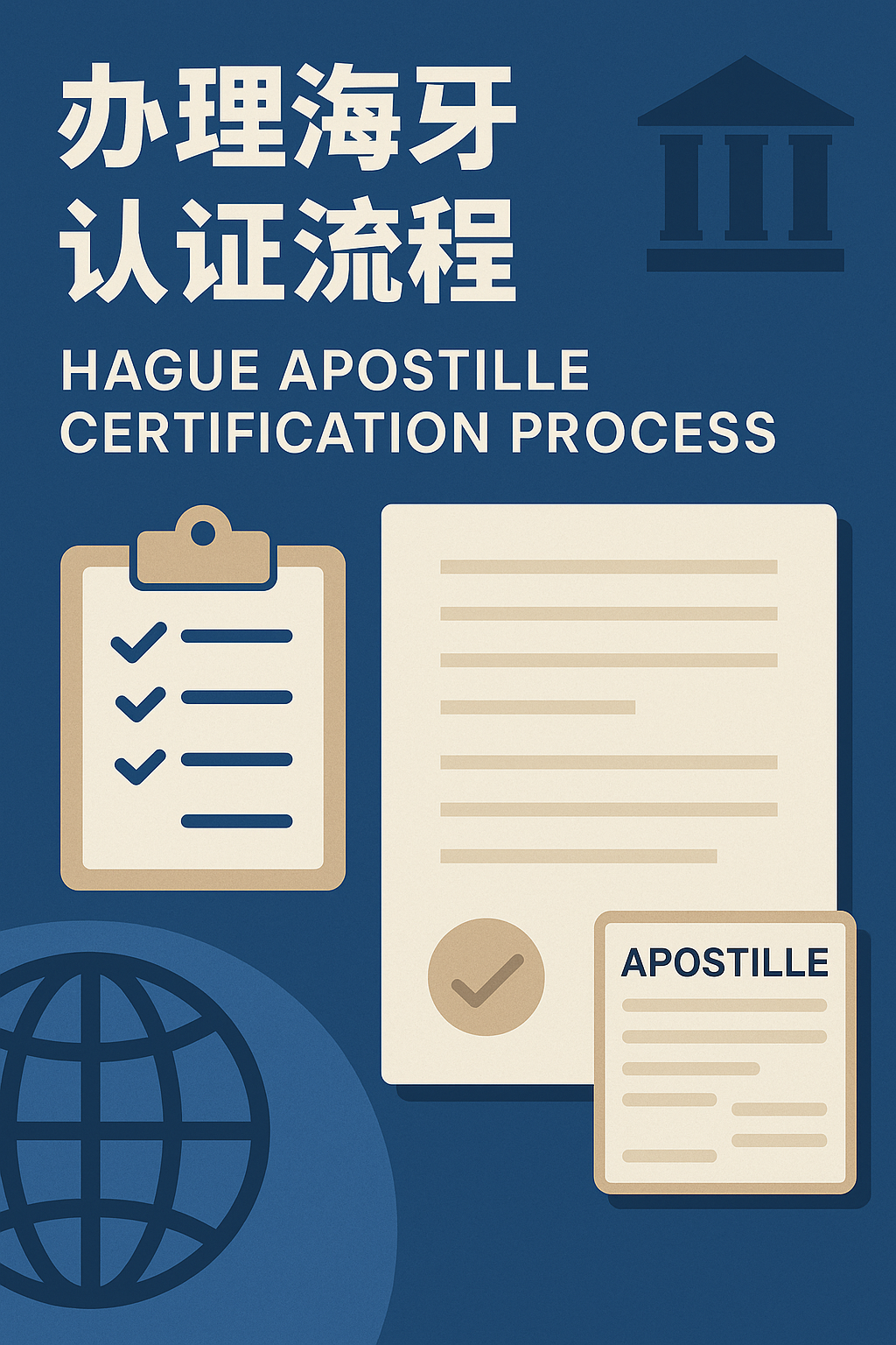 Illustration of the Hague Apostille Certification Process, with checklists, documents and certification icons
