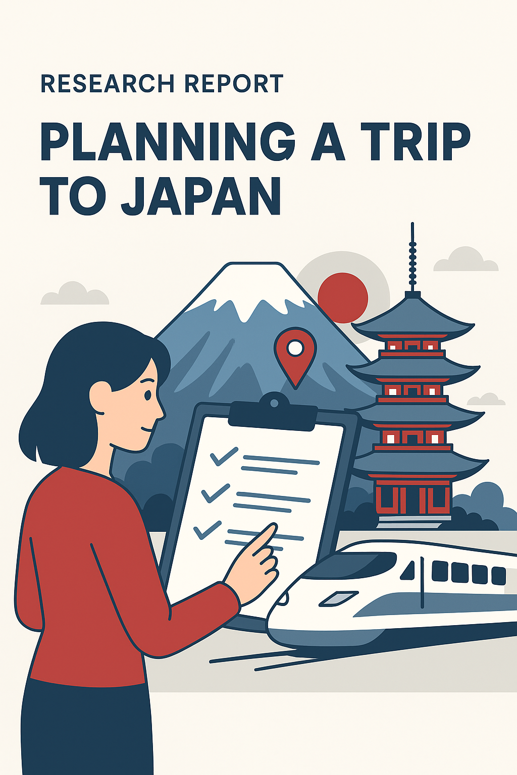 Illustration representing trip planning to Japan with checklist, Mt. Fuji, Shinkansen, and a pagoda