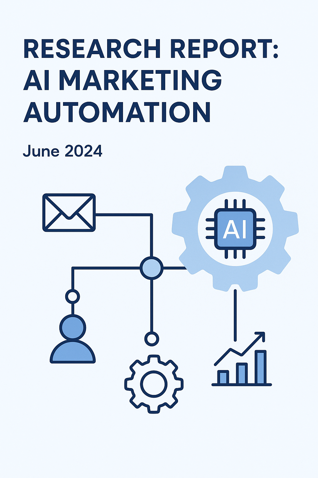 Visual representation of AI marketing automation with gears, charts, email, and AI chip