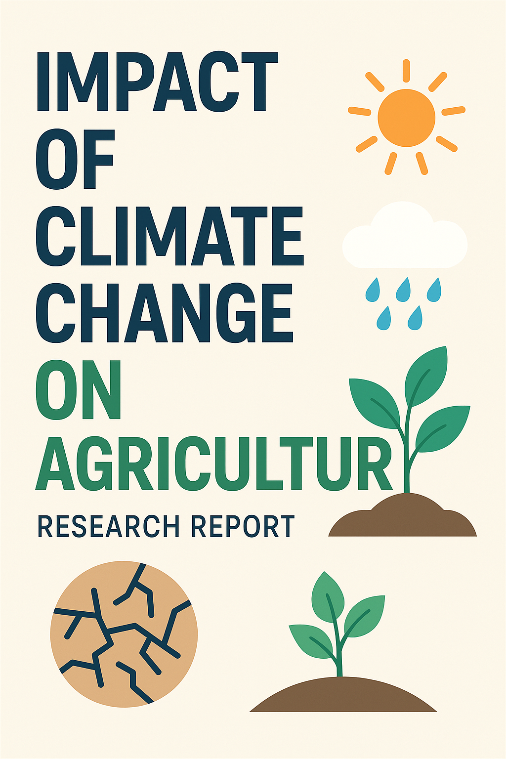 Infographic showing the impact of climate change on agriculture, featuring a sun, rain, cracked earth, and growing plants.