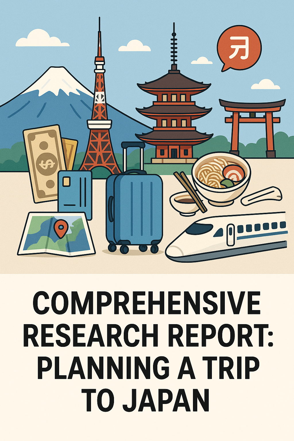 Illustration depicting iconic Japan travel items: Mount Fuji, Tokyo Tower, pagoda, torii gate, ramen, map, suitcase, cash, and bullet train.